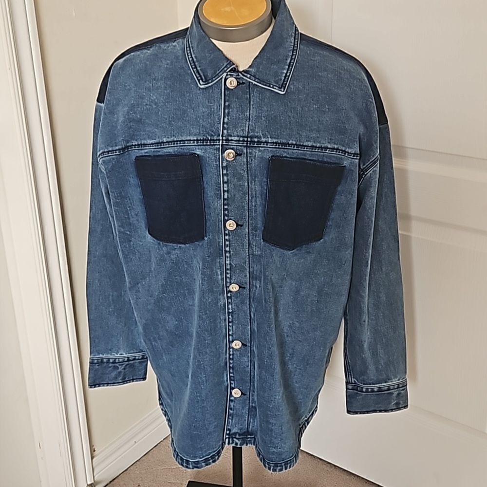 RW&CO.  Men's Denim Button-Down Oversized Jean Shirt XL Dark Blue Washed